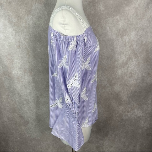 Sandro Ashley Lace Bee Embroidered Motif Cold-Shoulder Top In Blue Size 1/S - Picture 2 of 7